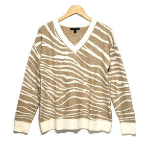 Banana Republic Zebra Print V Neck Sweater Tan Cream Animal Print Chic Cozy S